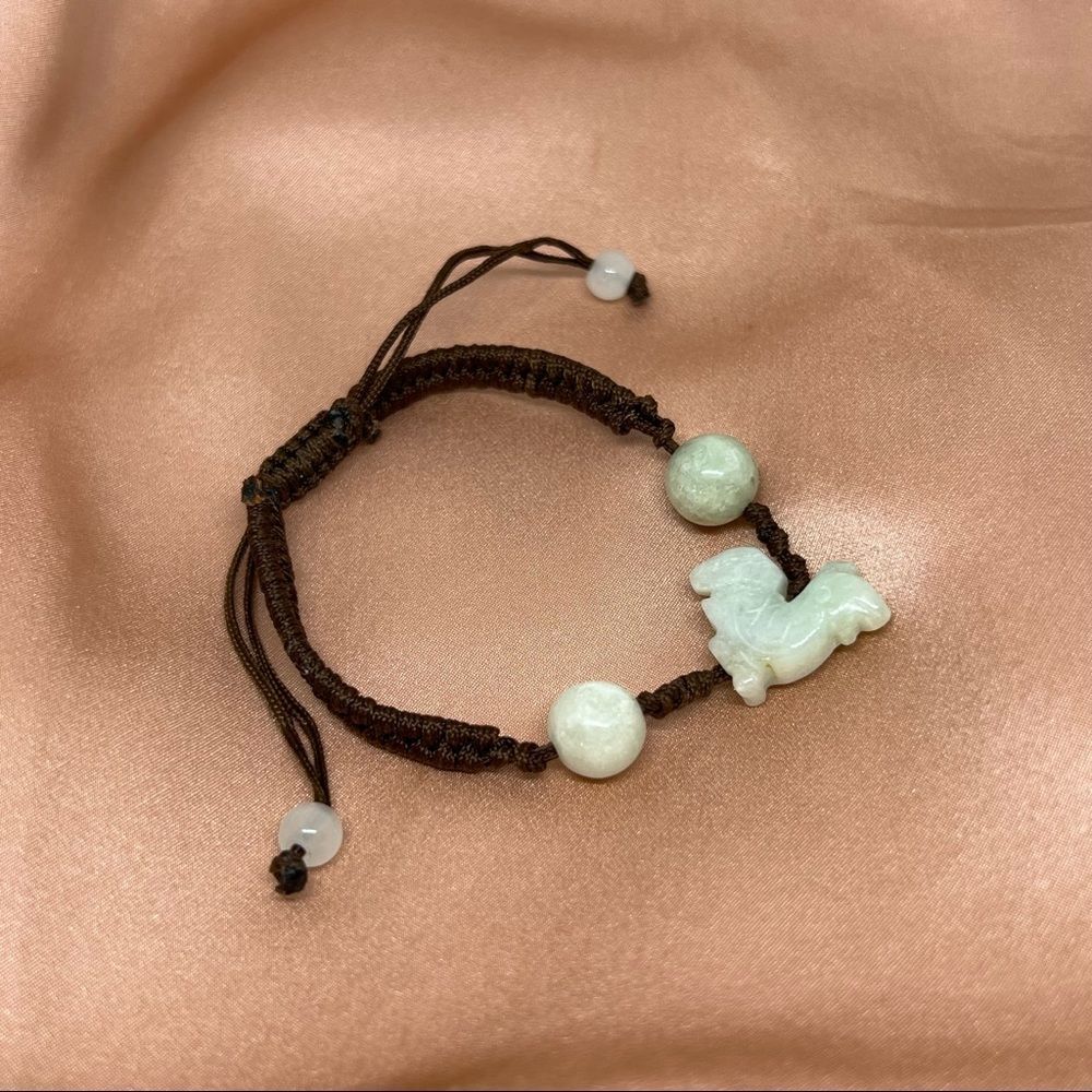 Natural Jade Chinese Zodiac Rooster Lucky Charm Braided Bracelet